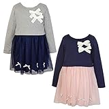 (グレー/100cm)子供服 女の子 ドッキング ワンピース 長袖 重ね着風 後ろ切替 Tシャツ チュール スカート リボン装飾 女児 キッズ