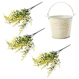 Baoblaze 生き生き　人工植物　シルク　現実的　15個頭部人工ユーカリ葉（3個）+メタルフラワーバケツ壺　装飾小物　全３色　 - 黄