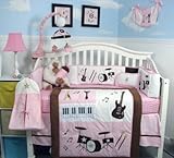 SoHo Pink and Brown Rock Band Baby Crib Nursery Bedding Set 13 pcs included Diaper Bag with Changing