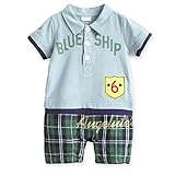 【MINI MAM】 カジュアル ロゴ チェック柄 ロンパース 男の子 ボーイズ キッズ 子ども 73㎝ 80㎝ 緑色 紺色 半袖 サーフ系 ズボン (80㎝, グリーン)