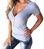 【Smile LaLa】 レディース Tシャツ トップス 半袖 セクシー おしゃれ 無地 夏 ゆったり 大きい サイズ (グレー, S)