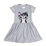 Ochine ファッション　女の子　かわいい猫プリントワンピース　ガールズ　女児　プリンセスドレス　春夏　誕生日　入学式　子供の日　遊園地に (S, グレー)