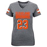 NFL Girls 7 – 16 Joe Haden Cleveland Browns Girls – メインストライプVネックPlayer Name半袖Tシャツ、ヘザーグレー、S ( 7 – 8 )