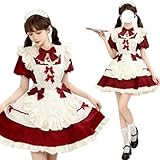 [AOTYP] メイド服 可愛い メイドコスチューム 定番 ショート丈 半袖 メイド レディース ミニスカ アリス 蝶結ぶ lolita ワンピース エプロン アイドル衣装 ハロウィン仮装 女装 カチューシャ付き レッドL