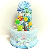 16071 おむつケーキ２段　男の子　クマちゃんタオルとガーゼスタイ　ブライトスターズのおもちゃ付き　オムツケーキ　出産祝い