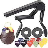 Crescent カポタスト アコギ エレキ カポ ギター ピック 10枚 取付け簡単カポタスト4点セット ピックケース (ピックケース（ブラウン）)