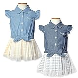 (ブルー/80cm)ベビー服 女の子 ドッキング ワンピース ノースリーブ デニム シャツ 肩フリル リボン チュールスカート ボーダー ウエストゴム入 女児 ベビー