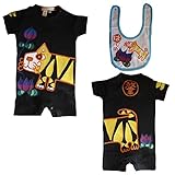 蓮 虎 ロンパース スタイ 名入れ 出産祝い 手描き (80, 黒)