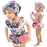 子供水着 swim0017 ローズ柄にウエストのコサージュ飾りが可愛いワンピース水着 ((L) 110-120cm 48cm 42cm, ピンク)