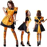 ハロウィン コスプレ メイド 衣装 メイド服 かぼちゃ コウモリ エプロン カチューシャ かわいい レディース 大きいサイズ 吸血鬼メイド ウェイトレス コスチューム 半袖 ワンピース 親子服 仮装 イベント パーティー (XL)
