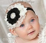 ふわふわレースがエレガント☆シャビーローズとラインストーンのヘアバンド☆ブラック＆ホワイト