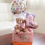 【出産祝い】「ママがんばったね♪」おむつ巾着＜女の子＞　おむつとランチ巾着バッグ、ぬいぐるみ、バルーンのギフトセット