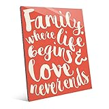 ファミリ。Where Life Begins & Love Never Ends Saying Quote onライト赤またはオレンジ壁アートプリント 16x20 WAW0001378GLS16X20