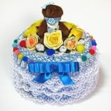 フリルレース、お花や小物パーツを飾したカラフルな円形のおむつケーキ/ボックスタイプ (ブルー)