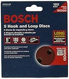 Bosch SR5R180 Random Orbit Sander Hook and Loop 8 Hole Disc 5-Inch 180 Grit Sand Paper, Red, 5-Pack 
