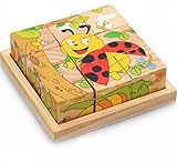 9コマ 六面知育玩具木製勉強パズル キッズ 子供 プレゼント おもちゃ 積み木 幼児教室幼児教育知識を増す遊具遊んで学ぼう (昆虫+パンダ)