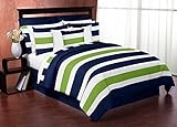 Navy Blue Lime Green and White Stripe 4 Piece Teen Boys Twin Bedding Set Collection [並行輸入品]
