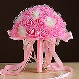 全6色 ウェディング 花嫁 ブーケ ブライダル バラ ラインストーン レース リボン 造花 花束 ラウンドブーケ 結婚式 二次会 撮影 ピンク＆ベージュ