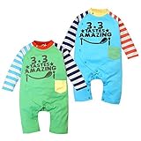 (ブルー/70cm)ベビー服 男の子 カバーオール 長袖 ボーダー 配色切替 ハンバーガー ロゴプリント 前開き スナップボタン 男児 ベビー