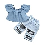 Aliciga 子供服 セットアップ 女の子 新生児 肩出し シャツ + 穴あき ネット ジーンズ 上下 二点セット ベビー服 ゆったり ロングパンツ かわいい ファッション 人気 パーティー お出か