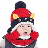 子ども ニット帽子 ネックウォーマー 2点セット ネコちゃん 柔らかい帽 ベビーニット帽 可愛い 防寒 秋冬 (レッド)