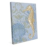ダマスクSeahorseライトブルー:タツノオトシゴ貝貝とコーラルVictorianヴィンテージNauticalライン図面on canvas-patternのビーチハウス壁アートプリント 8x10 R
