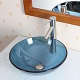 Eliteバスルームクリアブルー色ガラス容器シンク&ブラシニッケル仕上げシングルレバー蛇口&ニッケルPop Up Drainマウントリング