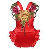 子供服 女の子 夏 キッズ 可愛い 花柄 袖なし ベビー 新生児 おしゃれ ロンパース 刺繍 フリル 露背係 フォーマル (L, 赤)