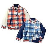 ベビー服 男の子 アウター スタジャン チェック柄切替 ボーダー柄 スナップボタン (1.レッド/90cm)