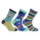 キッズ・子供・ジュニア ボーイズ コットンリッチ 恐竜デザインソックス 靴下セット ソックスセット (3足組) 男の子 ( EUR 27-30) (ブルー/ネイビー/グリーン)