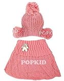 あったか ケープ ニット帽 セッ ト クマ のブローチ付き キッズ 女の子 (2.ピンク)