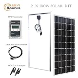 Boguang 200W ソーラーパネルキット: 2枚 100W 単結晶 ガラス ソーラーパネル + EP-Solar ソーラーチャージャーコントローラー 20A 12V/24V + MC4コネクター