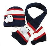 Plus Nao(プラスナオ) 子供用 ニット帽＆マフラー 2点セット セットアップ てんとう虫 マスコット付き ボーダー 水玉 ビーニー ベビー キッ - ネイビー