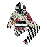 女の子 ベビー服　Karchi 　長袖 　フード付き プリントフラワー　黒白ストライプ　　２点上下セット　カジュアル　上着＋パンツ　　シンプル　70CM－80CM－90CM－100CM（0ヶ月－24ヶ