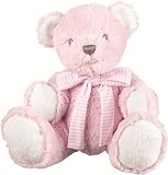 Suki Baby Hug-a-Boo Super Soft Plush Bear with Rattle in Tummy and Striped Cotton Bow (Small, Pink) 