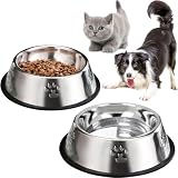 ペットボウル 2点セット お皿 犬 猫 ペット用 食器 ステンレス製 スチールドッグボウル フードボウル ディープ キャット ボウル 餌入れ 水入れ 滑り止め 掃除しやすい 犬食器 猫皿 犬猫兼用 (L)