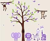 Baby Nursery /子供部屋壁デカール（ツリー、ライオン、モンキーズ、象、Hippoと成長チャート) Full Decal シルバー Exp_Full_PurpleGreen