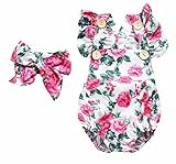 （ルノン）Lunon 女の子 ベビー服 普段着にも着れる 水遊び ロンパース 花柄 フリル 赤ちゃん ワンピース 風 水着 ヘアアクセ リボン付き 2点セット ピンク (80cm ピンク)
