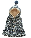 Plus Nao(プラスナオ) 子供用フード付きベスト 裏ボア ボンボン付き 前ボタン リボン チェック柄 花柄 ふわふわ あったか カジュアル 可愛 140 ネイビー×ホワイト