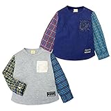 (ネイビー/95cm)ベビー服 男の子 Tシャツ 長袖 Moujonjon ムージョンジョン ローゲージ接結素材 チェック柄袖切替 変形裾 スナップボタン 男児 ベビー
