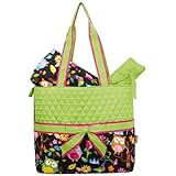Monogrammable Green Quilted (3) Piece Diaper Bag with Ribbon Accents & Colorful Owl & Flower Print B