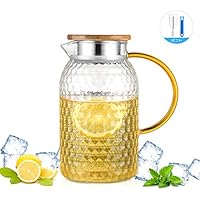 ガラスポット ONEISALL 耐熱直火可 ガラスピッチャー 竹製蓋 麦茶 アイスティー 花茶 (1500ml)