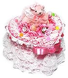 白い3層レース、お花等を飾したカラフルなくまさんのハート形おむつケーキ/ボックスタイプ (ピンク)【ノーブランド品】