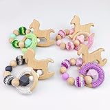 Mamimami Home 歯固め 木製 ブレスレット 可愛い 木馬の形 ガラガラ 木育 歯がため おしゃぶり かぎ針編みリング かぎ針編みビーズ 知育玩具 出産祝い 新生児贈り物 男の子 女の子 4