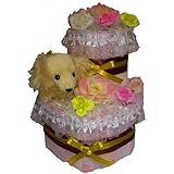 おむつケーキ【2段】ブラウン系　ダックスのぬいぐるみ付き　出産祝い男の子女の子共用オムツケーキ
