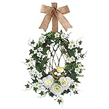 スプリングフロントドアWreath with黄麻布リボン&花柄ラタンBirds Nest