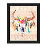ブルスカル – トライバルタン: Cow Skull with Roses & Feathers on Indian Blanket壁アートプリント 8x10 BOH0000009FRM08X10SB