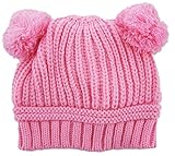Plus Nao(プラスナオ) 子供用 帽子 ニット帽 ボンボン付き リブニット 手編み風 ニットキャップ 赤ちゃん ベビー シンプル 無地 冬帽子 - ピンク