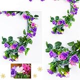 ノーブランド品　造花 二本　長さ ： 259cm （8.5ft）飾り　蔓　葉　バラ　アイビー　籐　観葉植物　人工観葉植物　インテリア　ローズ　雑貨　アーチ　装飾　飾りつけ　紫色　Generic 2pc