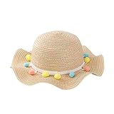 Liebeye 麦わら帽子　日よけ帽子　子供　幼児　ビーチキャップ　かわいい　カラフル　ポンポン　アクセサリー　紫外線対策　夏 ベージュ 56cm